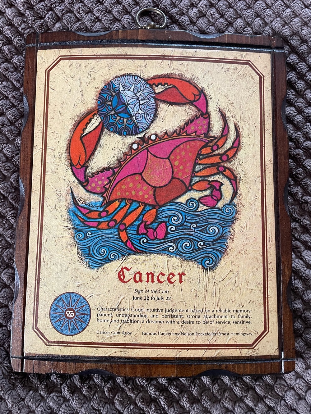 Vintage 1970s Zodiac Cancer Wooden Plaque 11.25” x 9”